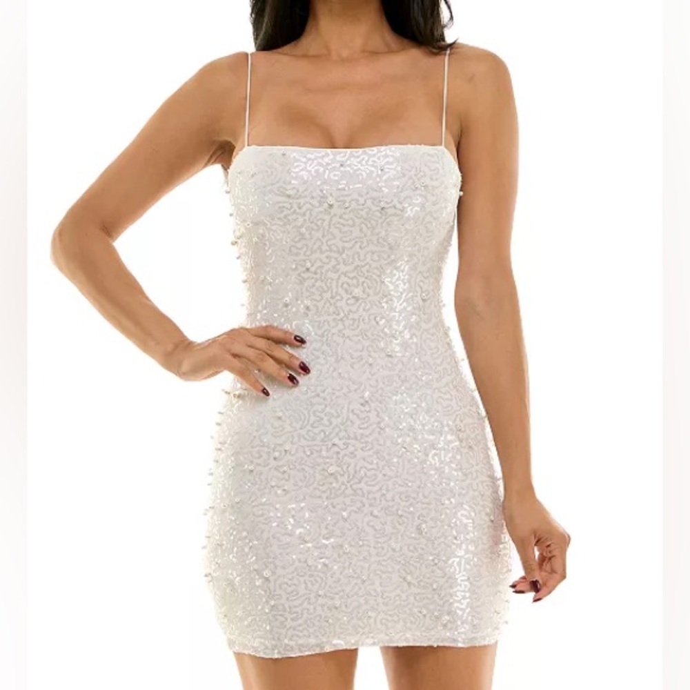 B Darlin White Sequin Mini Dress Open Back Spaghetti Strap size Large